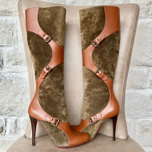 Christian Louboutin Canassone 100 Knee high Boots Cognac Olive Green Euro 38 - Picture 15 of 16